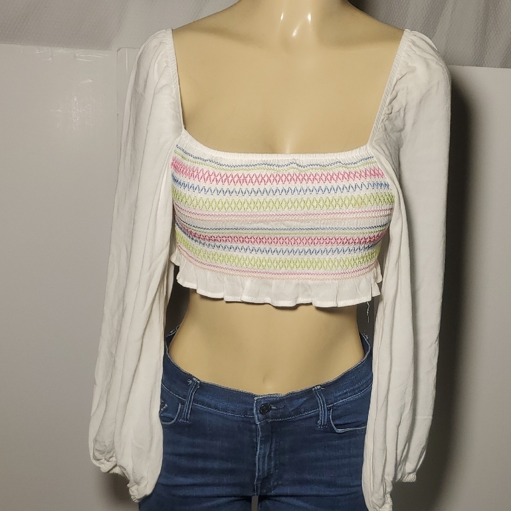 Gule Gule Top Smocked Balloon Sleeve White Multicolor Knit Crop SZ S/M